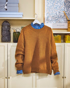 Brown sweater with blue trim hanging on a white hanger against a neutral background.